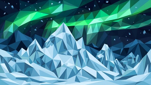 Low poly snowy peaks under aurora borealis