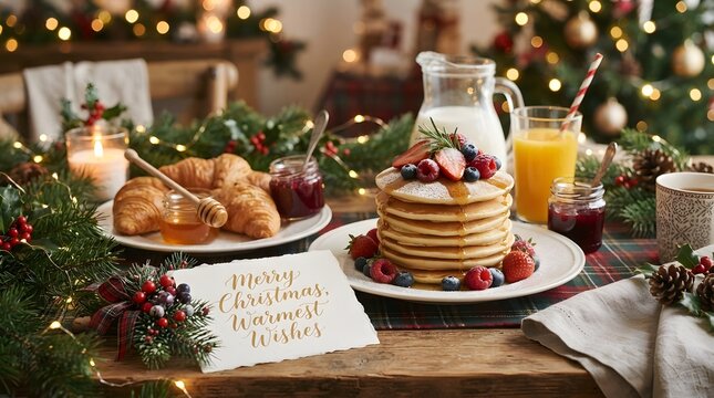A delightful christmas morning breakfast spread featuring golden croissants a towering stack of pancakes adorned with fresh berries and a refreshing glass of orange juice