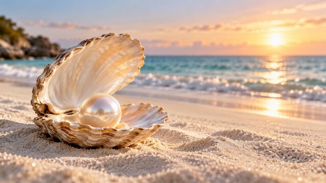 Pearl emerging from an open seashell at sunrise
