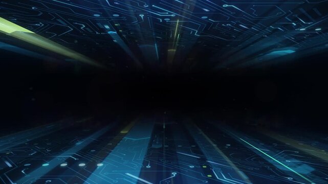 Abstract Animation Loop of Arrows Moving Towards the Camera Over a Circuit Board. Electronics and Technology Growth - animated background, featuring blue and green arrows converging from the center.