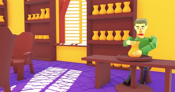 Cartoon human character on the work. 3d render video.