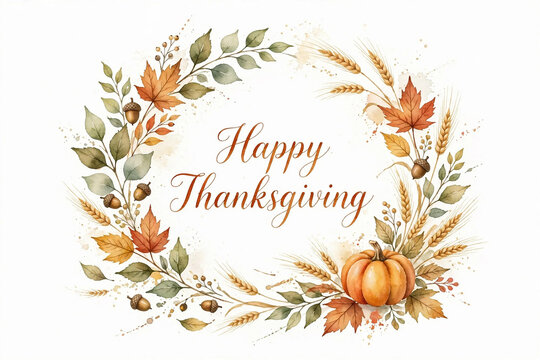 Happy Thanksgiving Watercolor Wreath with Autumn Leaves, Pumpkins, and Wheat Ears Isolated on White Background
