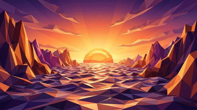 Vibrant geometric sunset landscape with serene sun setting over low poly mountain peaks and ocean waves for digital adventure art
