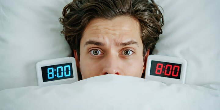 Man with wavy brown hair lying in bed with two digital alarm clocks showing 8:00
