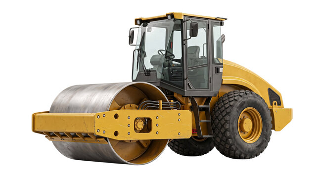 Yellow heavy duty road roller compactor isolated on transparent background