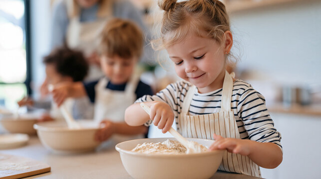 Children participating in a simple cooking activity in a kindergarten kitchen, mixing ingredients in large bowls with child safe utensils, teacher supervising closely, aprons and