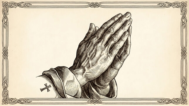 Illustration of clasped hands in prayer with a cross on the sleeve. Christianity and faith. Christian devotion, worship and spirituality. Vintage engraving with ornate decorative border.
