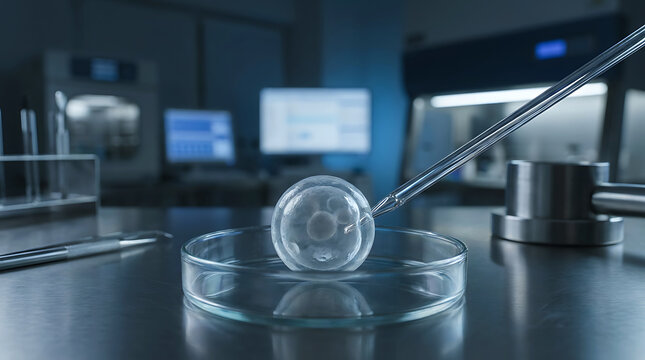 In vitro fertilization process with a microscopic cell and pipette in a lab