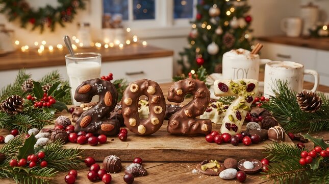 A heartwarming scene of a festive christmas and new year celebration in 2027 featuring a beautifully decorated christmas tree delightful chocolate creations and a warm