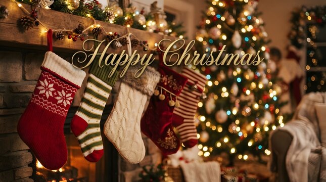 A heartwarming depiction of a cozy christmas scene featuring stockings hung by the fireplace a beautifully decorated christmas tree and a warm inviting atmosphere evoking