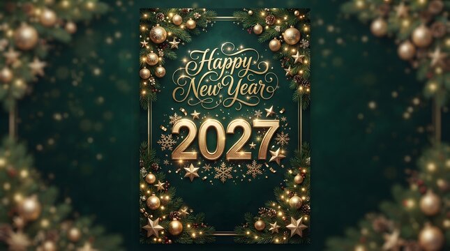 A dazzling and festive new year's greeting for 2027 adorned with shimmering golden lights and a deep emerald background conveying warmth joy and anticipation for