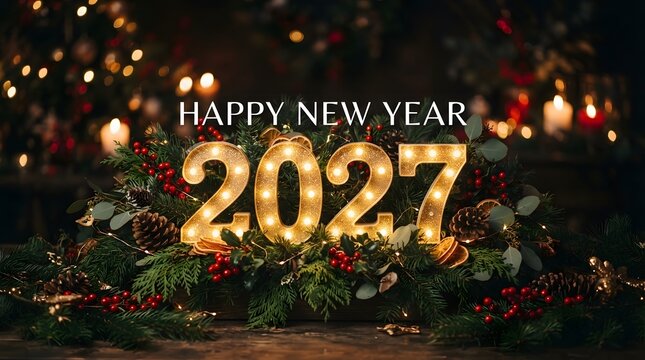 A radiant and festive depiction of the upcoming year 2027 celebrating the joyous occasions of christmas and new year with luminous golden numbers and a