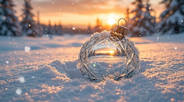 Christmas bauble ornament resting on fresh snow at sunset with golden hour