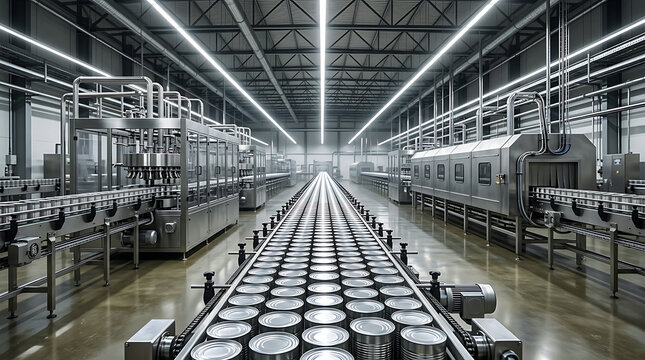 Modern industrial food processing and canning factory conveyor belt production