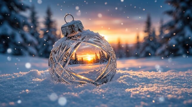 Decorative transparent christmas sphere sitting in snowy winter field