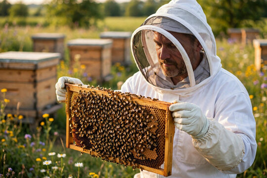 Beekeeper inspecting a hive frame in an apiary