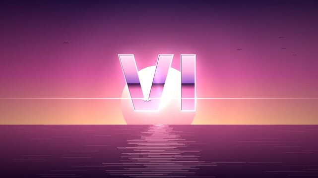Retro Sunset Over Water with Chrome Roman Numeral VI and Reflection