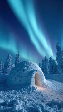 igloo in snowy winter landscape with polar lights in night sky vertical video