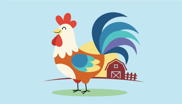 Colorful rooster standing on green grass with red farm barn and fence in background under light blue sky, representing countryside life.