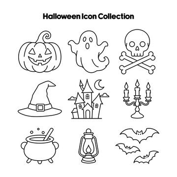 Halloween Icon Collection. Spooky Cartoon Line Art Symbols