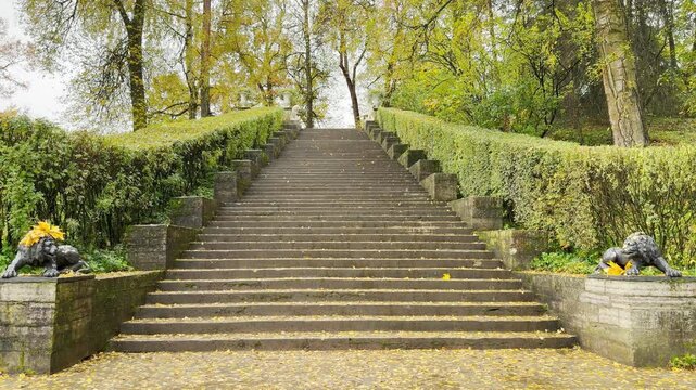 POV walkthrough of an empty stone staircase, shot on stabilizer. Smooth forward camera motion moves up past lion statues in Pavlovsk Park, Russia, slow motion creating calm peace.