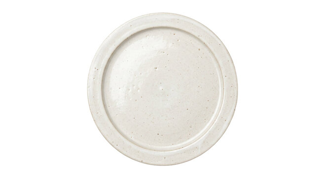 Top view of an empty speckled ceramic plate isolated against a solid black background