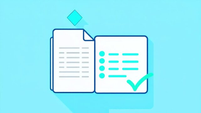 Animated document icon with shadow on blue background in flat style