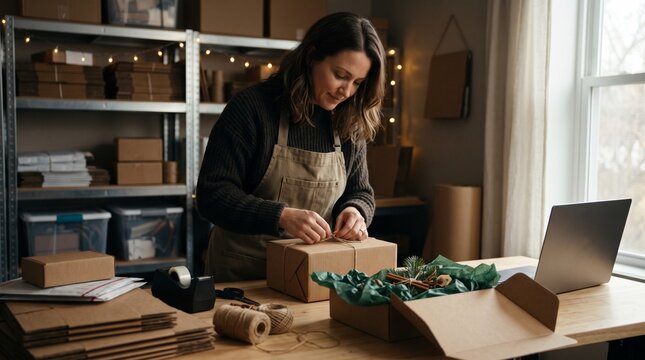Woman tying a gift box with twine in a cozy workshop setting PNG Isolated on transparent background