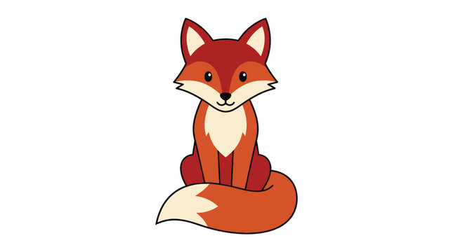 Orange vector fox sitting upright with big fluffy tail showcasing cute simple cartoon style for children book illustration