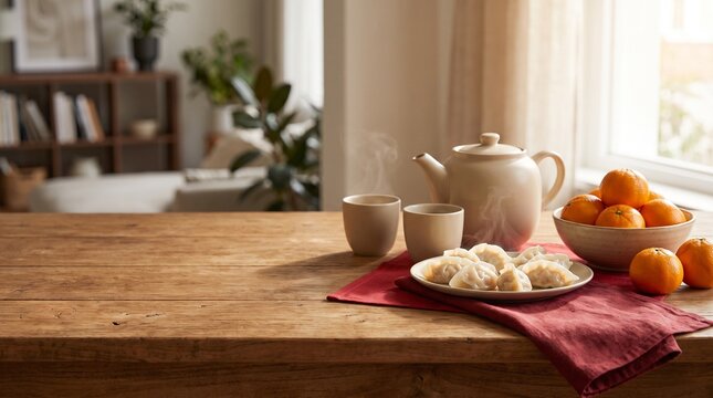 Traditional Chinese New Year Food Still Life with Tea Set and Copy Space on Wood Table