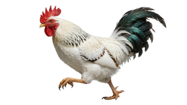 White rooster with black tail feathers, isolated on transparent background