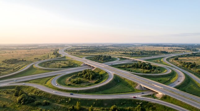 Aerial view of a complex highway cloverleaf interchange surrounded by green fields and trees at sunset.