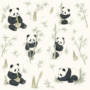 Cute Baby Panda Seamless Pattern with Bamboo Leaves and Shoots
