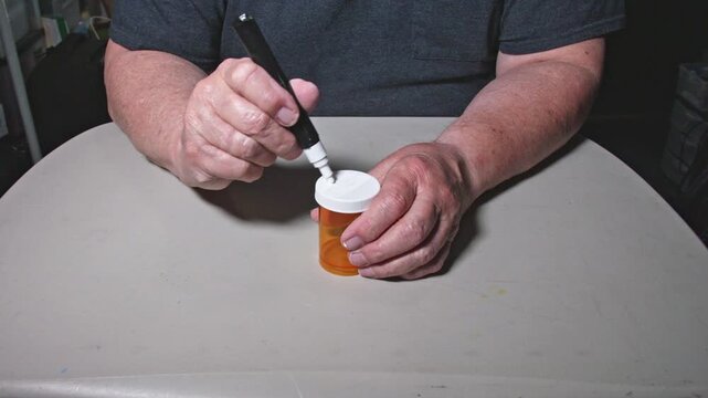 A person stirs the contents of an orange container with a spoon while sitting at a table. The setting remains consistent, focusing on the hand movements and the container's contents.
