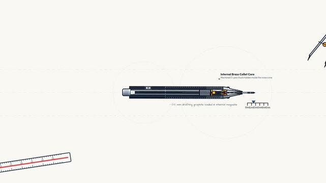 2D animation showing the internal cross-section mechanism of a mechanical pencil with a brass chuck advancing graphite lead