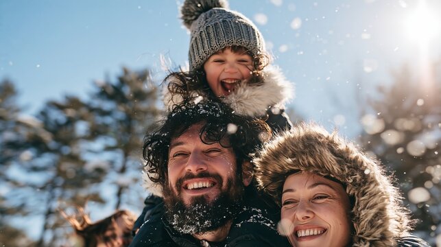 Happy young family with two children playing in falling snow outdoors
