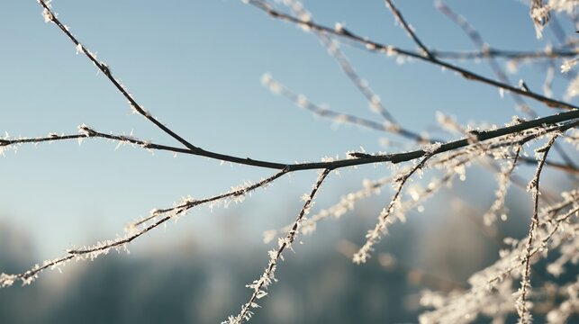 Frost covered tree branches in winter sunlight against blue sky background