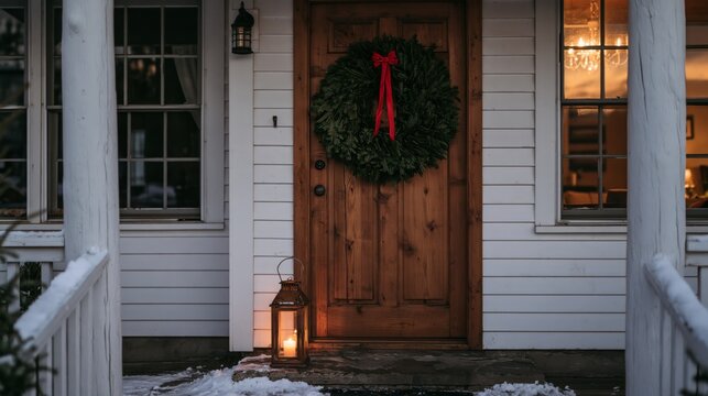 Wooden front door with evergreen wreath and lantern in winter setting