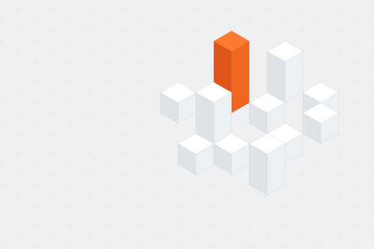 Isometric white cubes with one orange cube on light grey grid