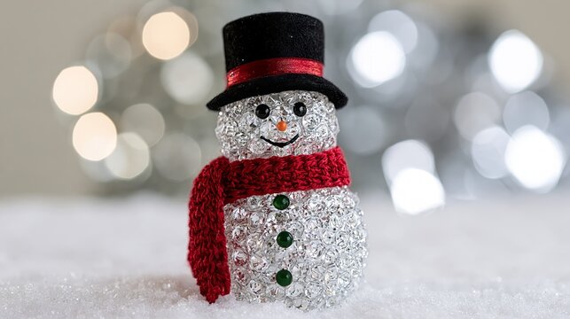 Glittery snowman figurine with red scarf and black top hat on snow
