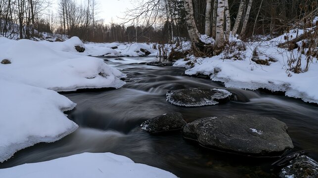 Small river flowing through snow covered rocks in winter forest landscape