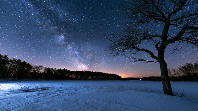Milky Way galaxy over snowy field with bare tree in winter night
