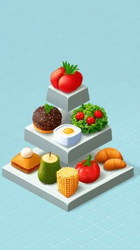 Isometric Food Variety Pyramid: Healthy & Indulgent Choices. Stylized illustration of fruits, vegetables, pastries, sweets, and staples on tiered platforms, blue background.
