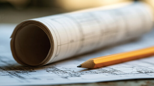 Architectural blueprints rolled up with a graphite pencil on a construction site plan. Useful for project planning and engineering design concepts.
