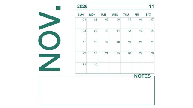 Calendar video for November 2, 2026, with green color on a white background