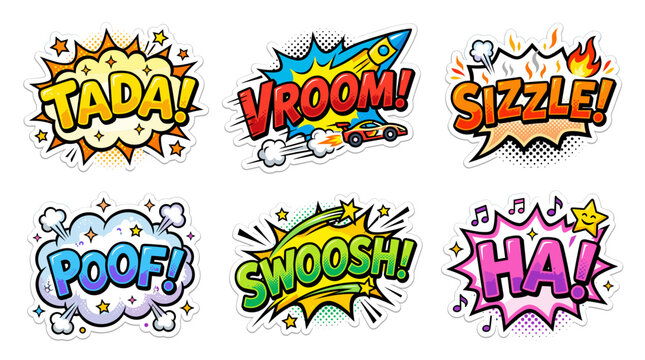 Playful pop art onomatopoeia bursts with tada and sizzle.