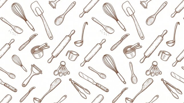Vintage hand drawn kitchen utensils pattern, seamless baking tools background, rustic culinary equipment sketches on white