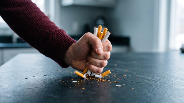 Fist crushing cigarettes, symbolizing the struggle against addiction and the decision to quit, representing willpower and a healthy lifestyle choice