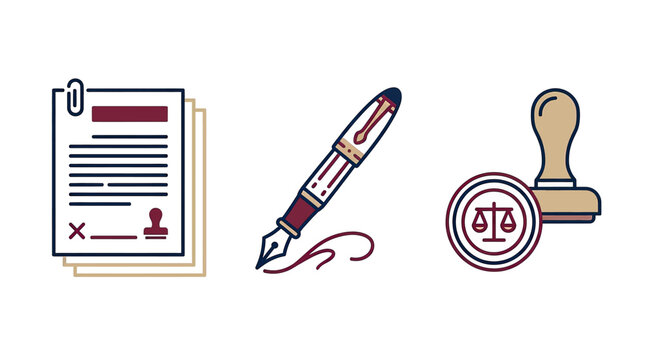Vector Illustration of Legal Documents with Fountain Pen and Official Rubber Stamp featuring Scales of Justice Icon Symbolizing Law and Justice Concepts
