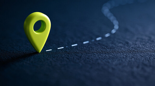 A lime green map pointer icon stands on a textured dark surface with a dashed line path. This symbolizes travel destination or location tracking concept.